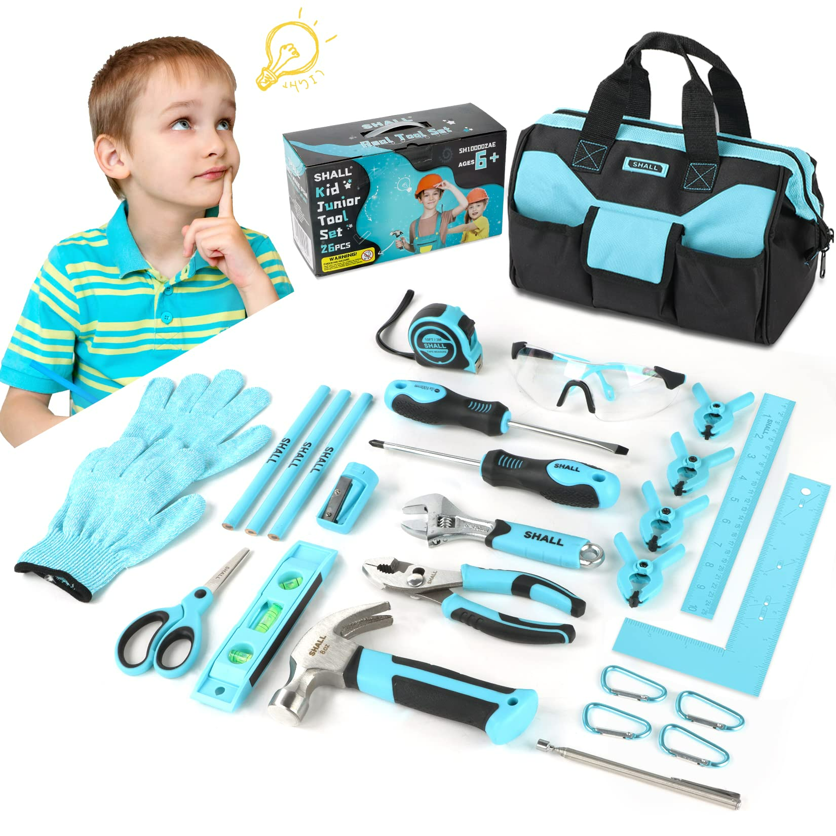 SHALL Kids Tool Set , 26-Piece Tool Kit with 12 Tool Bag, Real Tools for  kids Starter Set Boys & Girls Age 6+, DIY Building, Woodwork, Construction